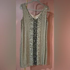 Badgley Mischka Sequin Embellished Mini Dress in Black and Tan